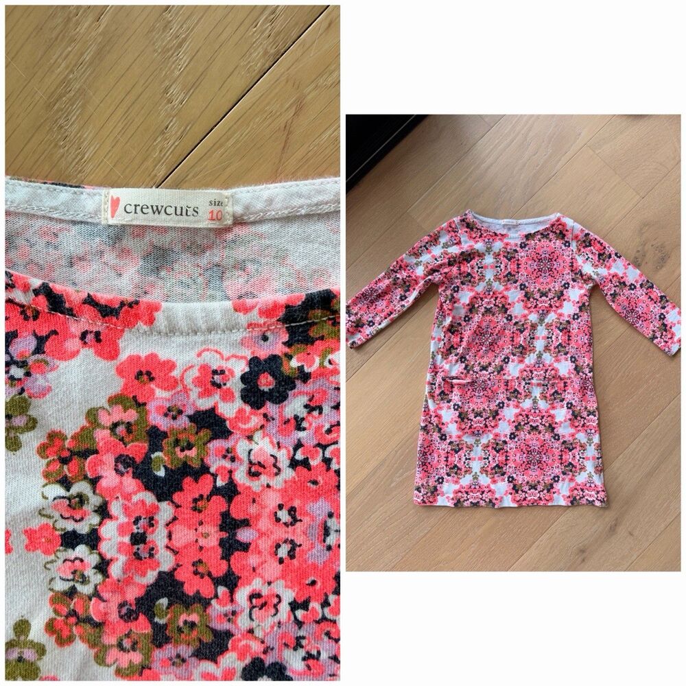 J.Crew Crewcuts Bright Orange Navy Floral Print Dress Pink 3/4 Sleeves Sz 10